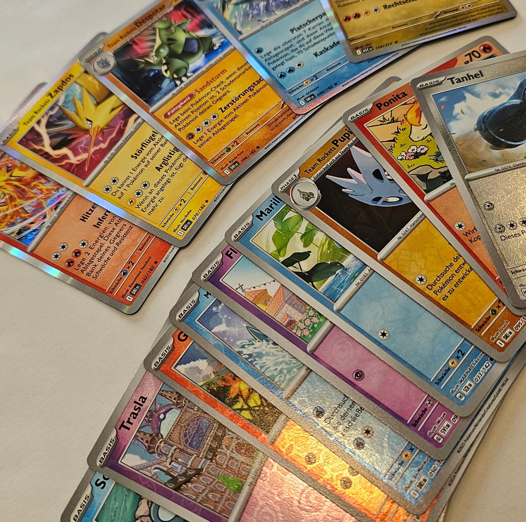 Nahaufnahme von normalen Pokémon-Karten, Holo-Karten und separat geschützten EX-Karten