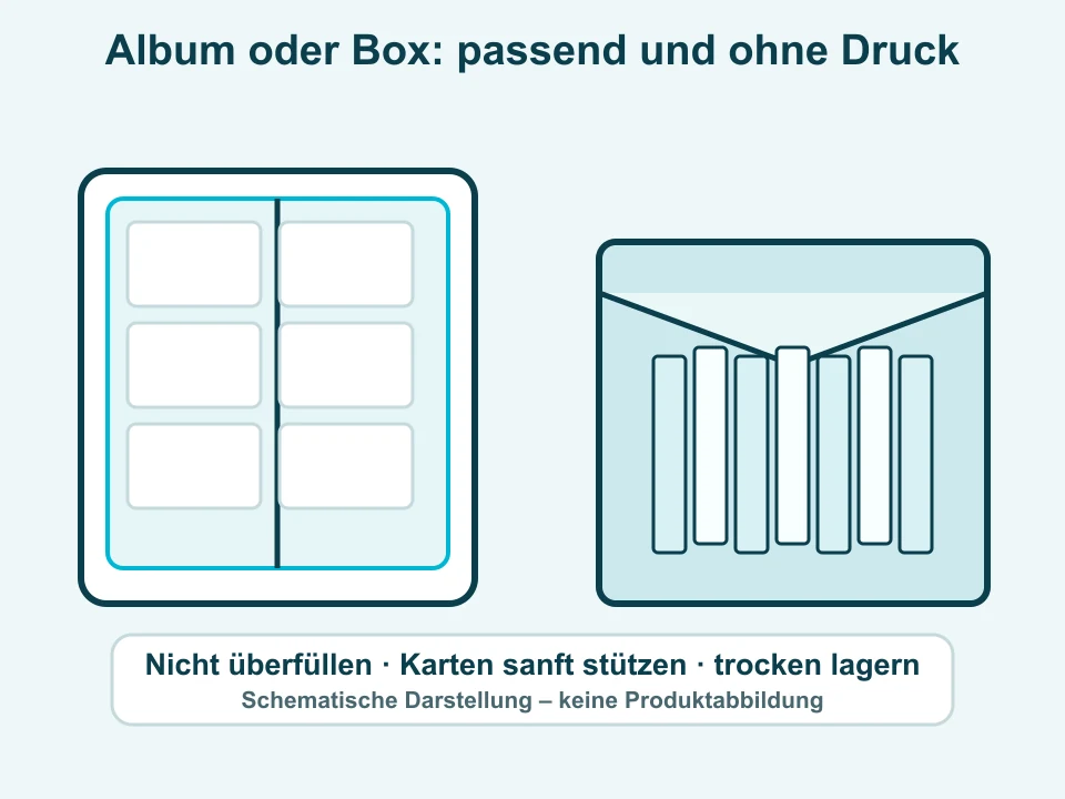 Schematischer Vergleich von aufrecht gestützten Karten in einer Box und flach abgelegten Karten im Album