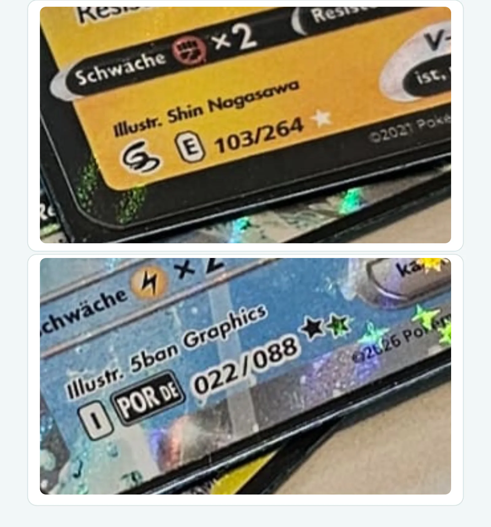 Vergrößerte Originaldetails: oben Bellektro V mit Kartennummer 103/264, unten Lapras ex mit 022/088 und jeweils einem Regelzeichen
