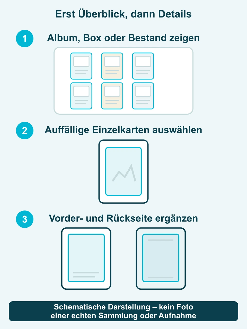 Schematische Darstellung: Sammlung zuerst als Ganzes zeigen und ausgewählte Einzelkarten danach separat von vorne und hinten fotografieren